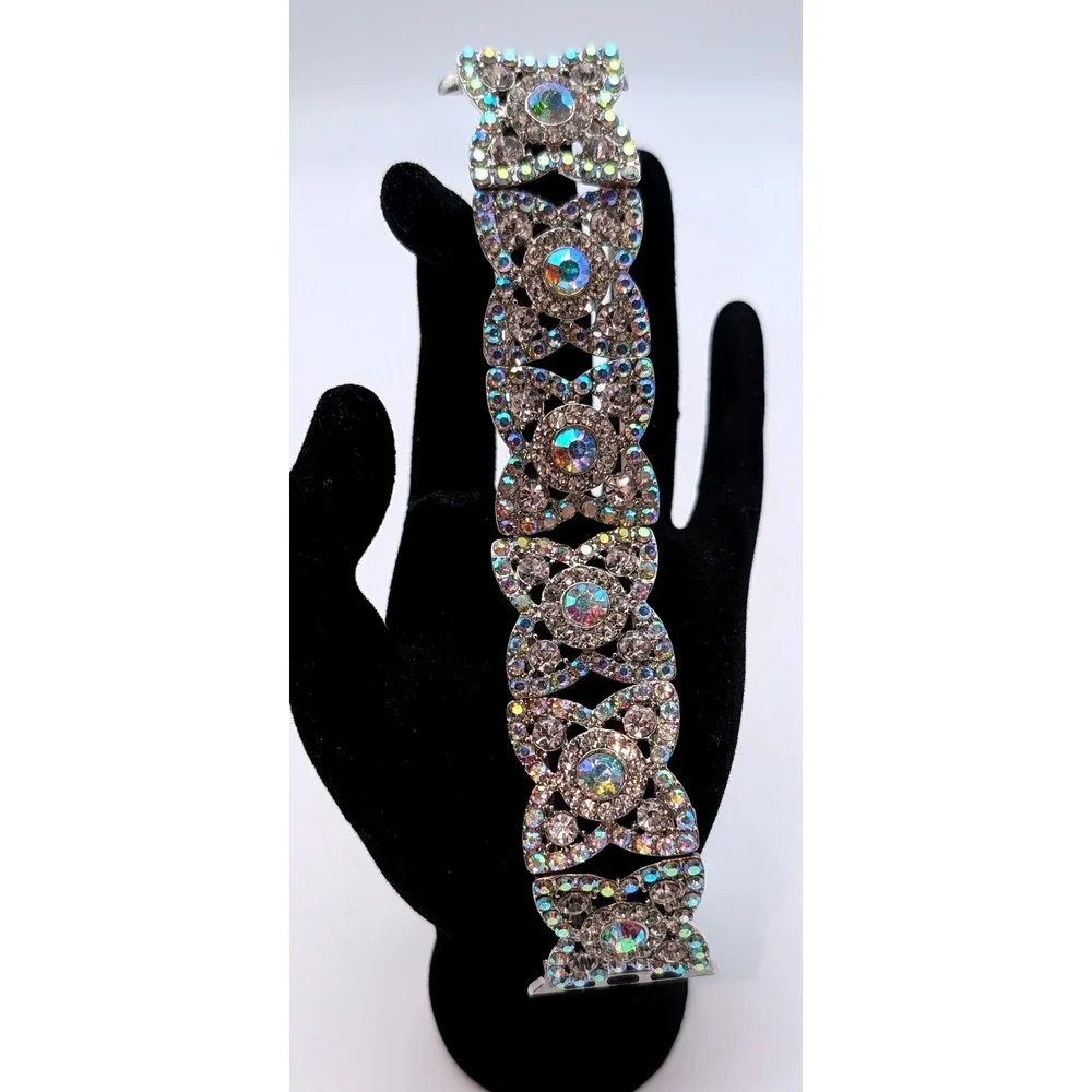 AB‎ Rhinestone Crystal Apple Watch Band Silver Tone Filigree Strap 38-41mm